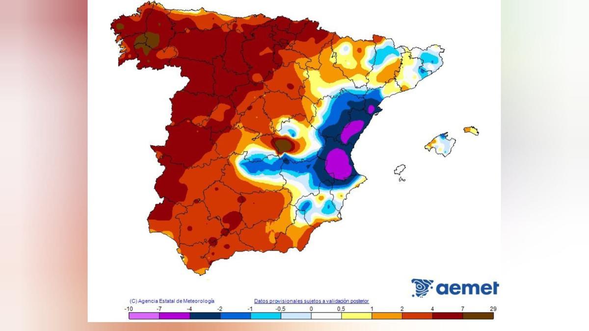 Mapa de anomalías térmicas de la Aemet en las últimas horas.