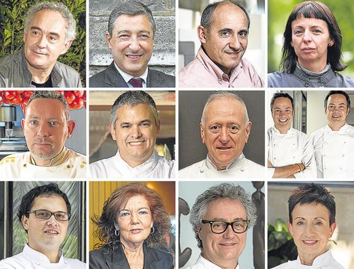 D’esquerra a dreta i de dalt a baix: Ferran Adrià, Joan Roca, Paco Pérez, Fina Puigdevall, Albert Adrià, Nandu Jubany, Carles Gaig, els germans Torres, sergio Humada, Mey Hofmann, Christian Escribà i Carme Ruscalleda.