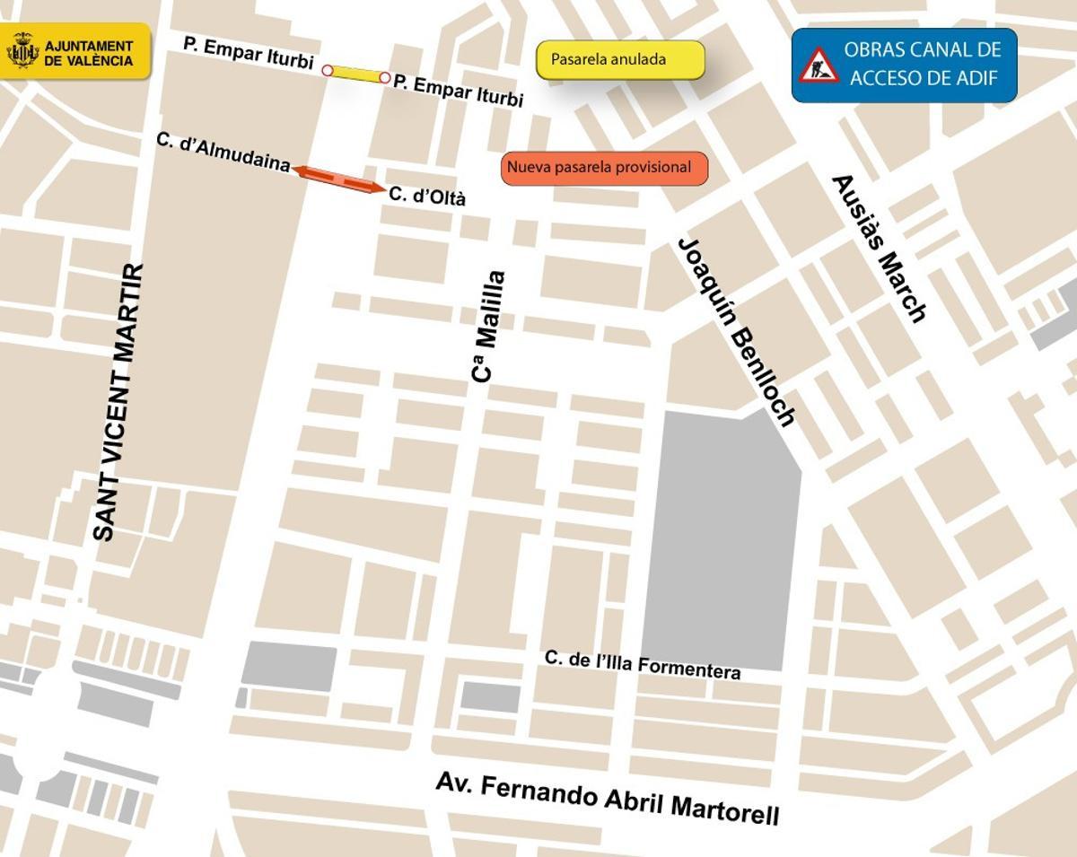 La nueva pasarela a 150 metros de la anterior