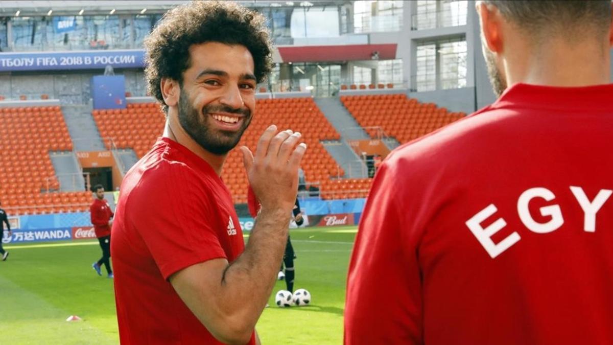 Mo Salah, en el último entrenamiento previo al Egipto-Uruguay de Ekaterimburgo.