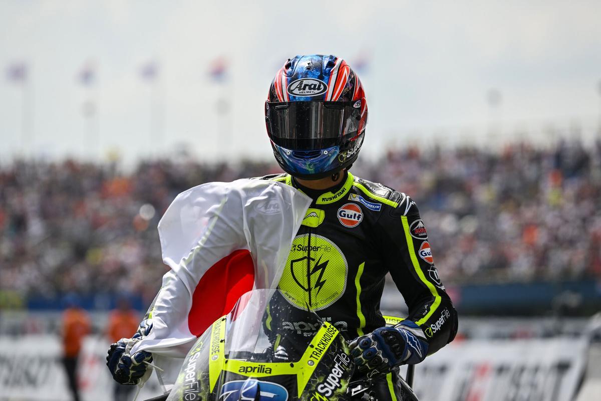 79 OGURA Ai (jpn), Trackhouse MotoGP Team, Aprilia RS-GP26, action, celebrating his win during the 2025 MotoGP Tissot Grand Prix of the Netherlands, Netherlands GP, on the TT Circuit Assen, from June 26 to 28, in Netherlands - Photo Studio Milagro / DPPI AFP7 28/06/2026 ONLY FOR USE IN SPAIN