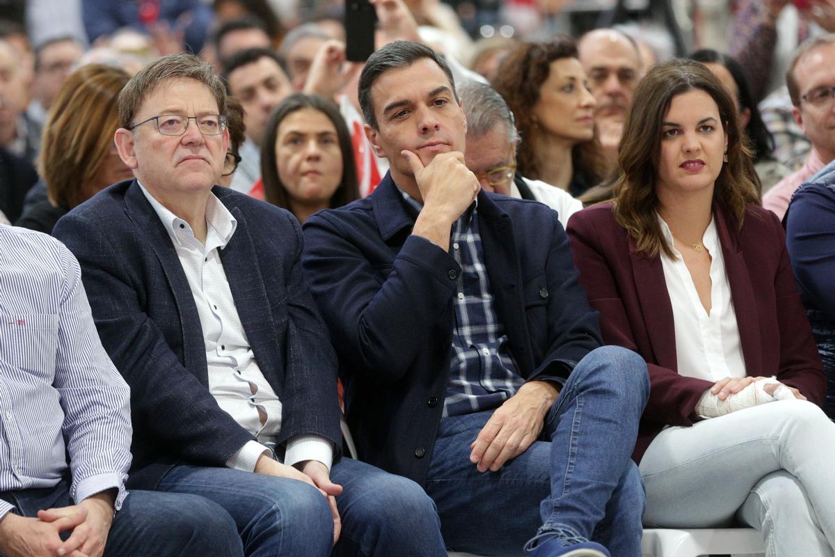 Pedro Sánchez en un acto con Puig y la candidata a alcaldesa de Valencia, Sandra Gómez