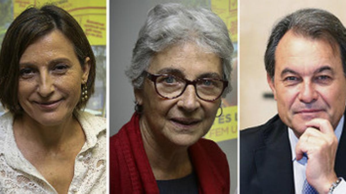 Los cinco primeros candidatos de la lista unitaria pactada por CDC, ERC y las entidades soberanistas: Raül Romeva, Carme Forcadell, Muriel Casals, Artur Mas y Oriol Junqueras.