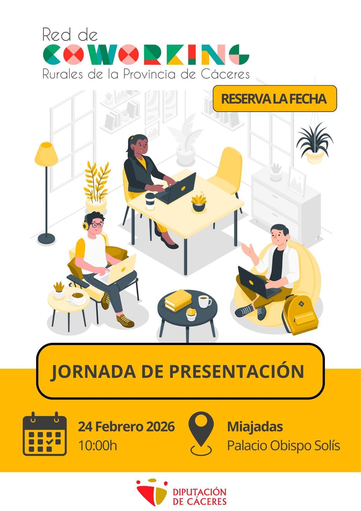 Cartel de las Jornadas Coworking de la Diputación de Cáceres.