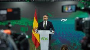 El líder de Vox, Santiago Abascal, tras comparecer en la sede nacional.