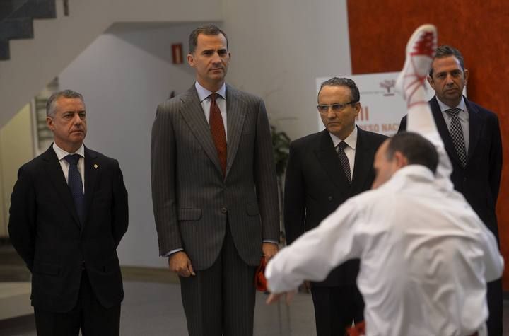 Basque dancer performs for Basque politicians and Spain's King Felipe at the Palacio Euskaldun in Bilbao