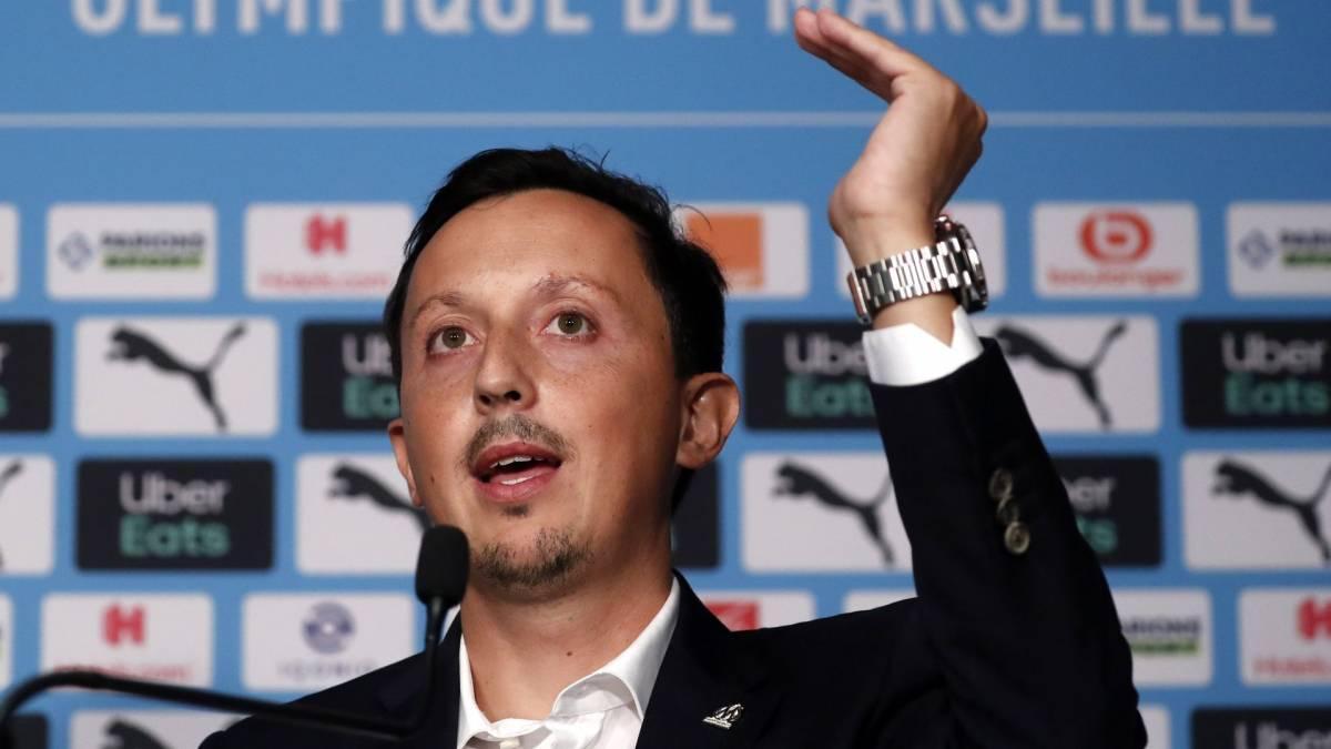 Pablo Longoria, ya expresidente del Olympique de Marsella, en una rueda de prensa