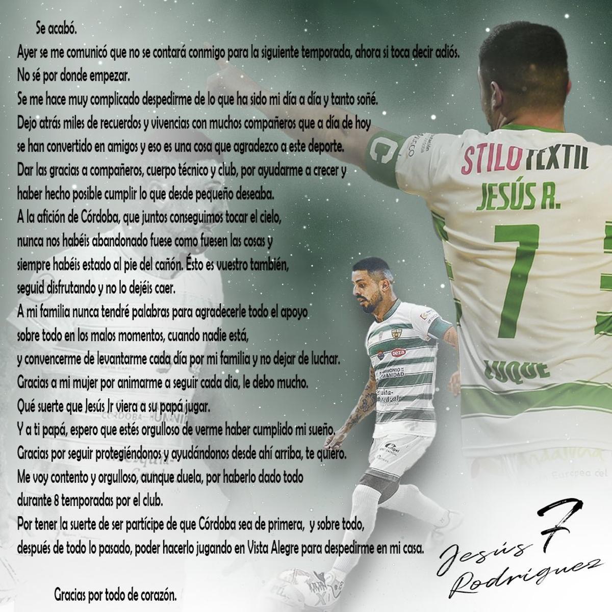 El mensaje de despedida del Córdoba Futsal de Jesús Rodríguez.