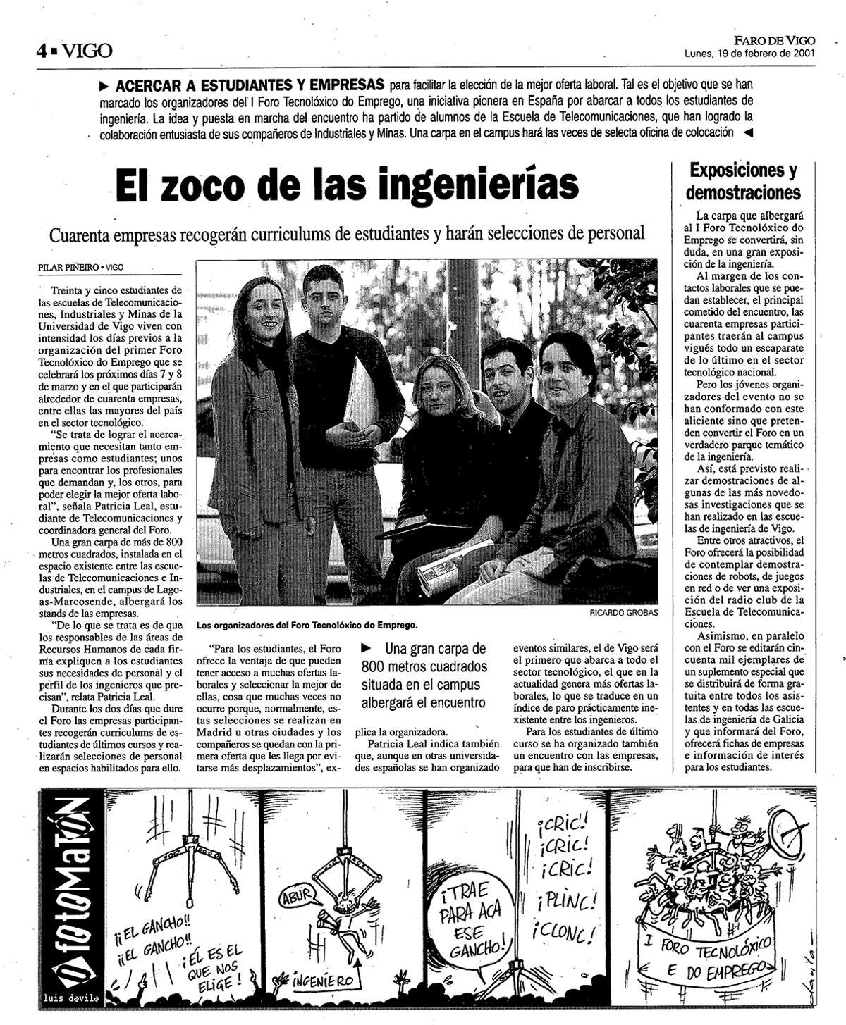 Noticia publicada en FARO en 2001, en la que aparecen Patricia Leal y sus compañeros, y tira de Luis Davila sobre el Foro Tecnológico