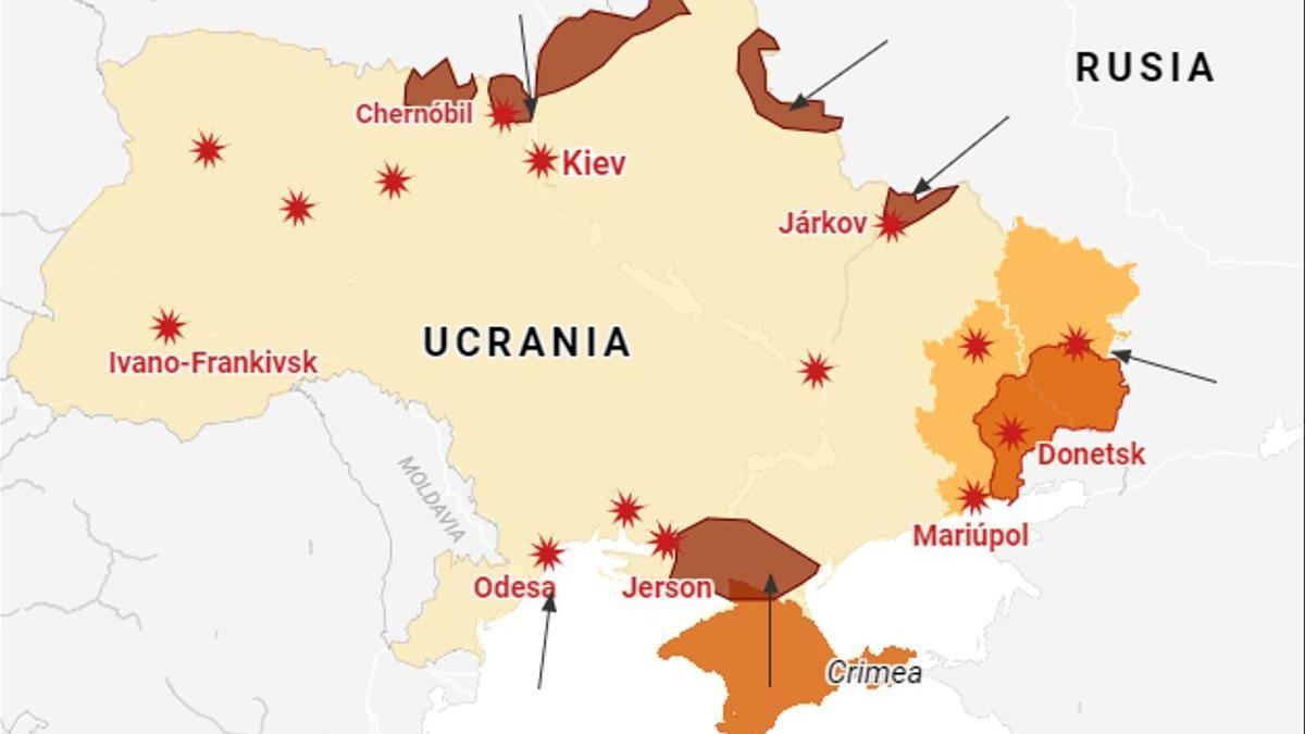 Mapa de algunas de las zonas que ha bombardeado Rusia dentro de Ucrania.