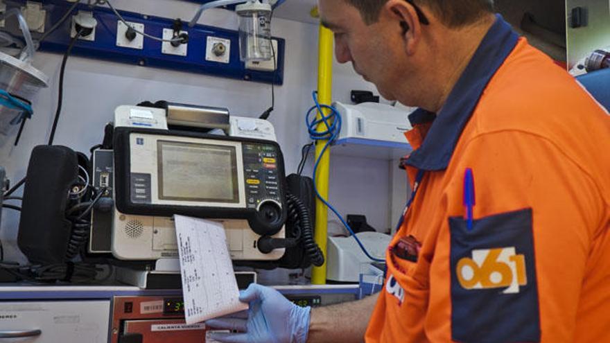 Un profesional hace un electrocardiograma en una ambulancia.