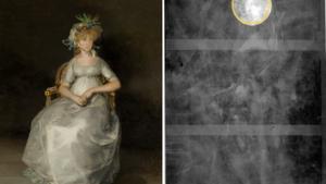 Vista de ’La condesa de Chinchón’, de Francisco de Goya (1800), y de la radiografía que desveló las pinturas anteriores sobre el lienzo. 