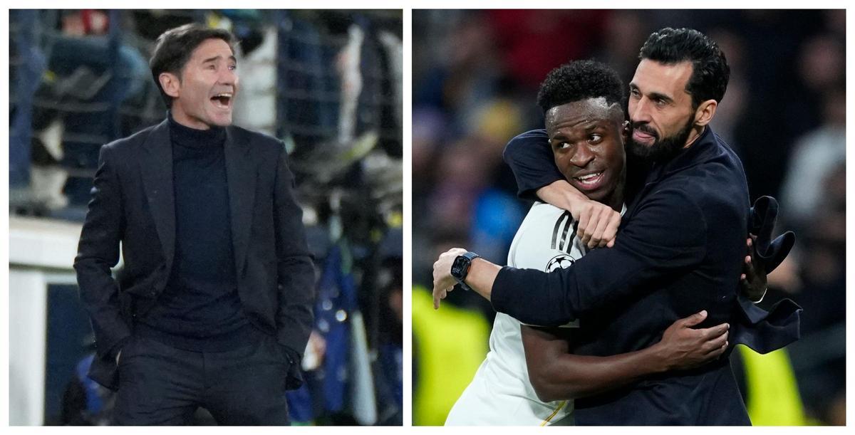 Marcelino García Toral (i), entrenador del Villarreal, y Álvaro Arbeloa (d), que abraza a Vinícius, técnico del Real Madrid.