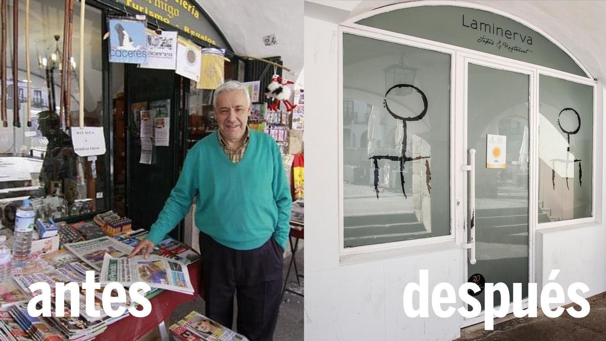 Eustaquio Hormigo posa con El Periódico Extremadura en su librería. Actualmente alberga el local de hostelería La Minerva.