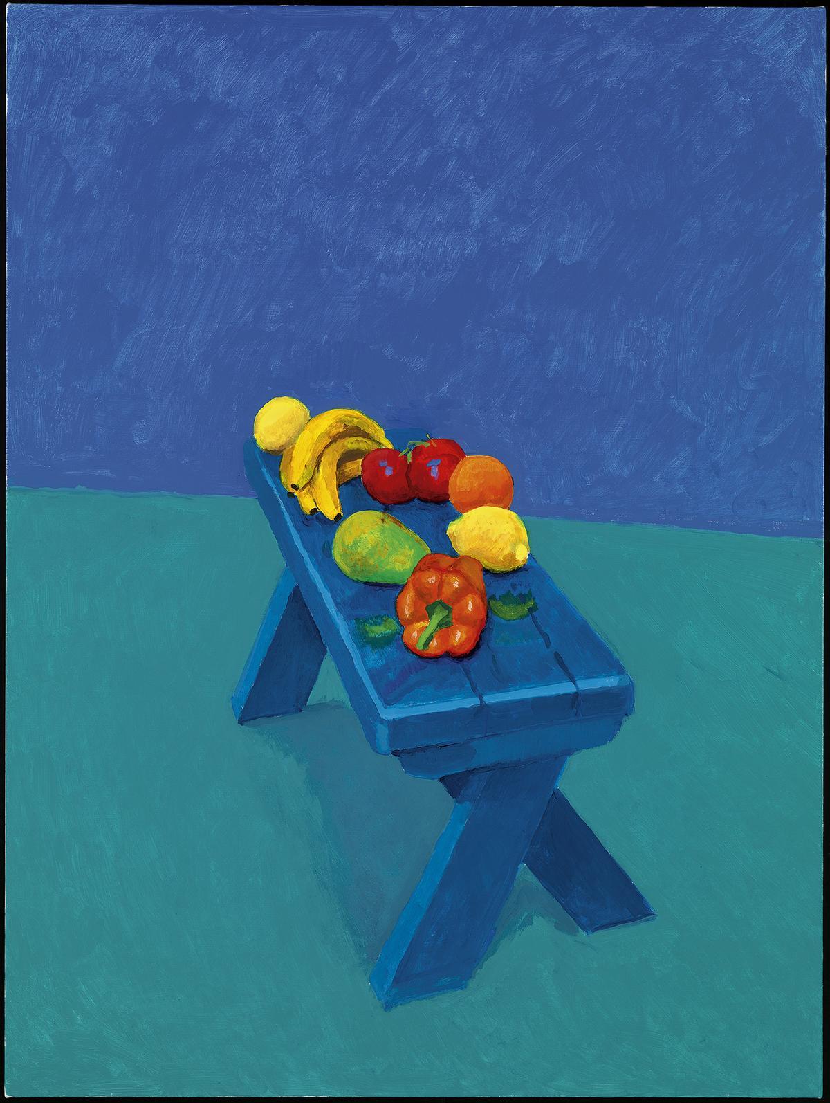 'Fruits on a bench' (2014), de David Hocknye 'Fruits on a bench' (2014), de David Hocknye