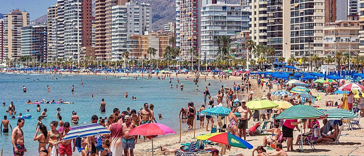 La playa de Benidorm, el pasado domingo llena de bañistas en pleno mes de julio.