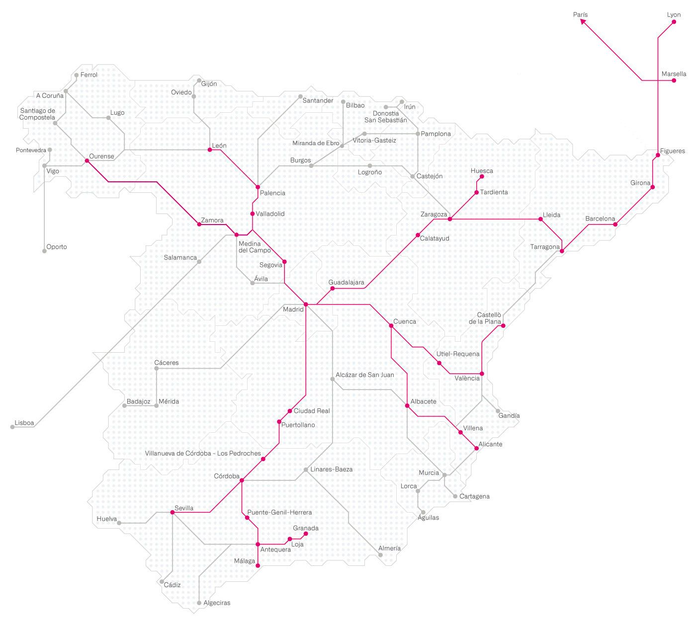 Mapa de las líneas de trenes AVE en España.