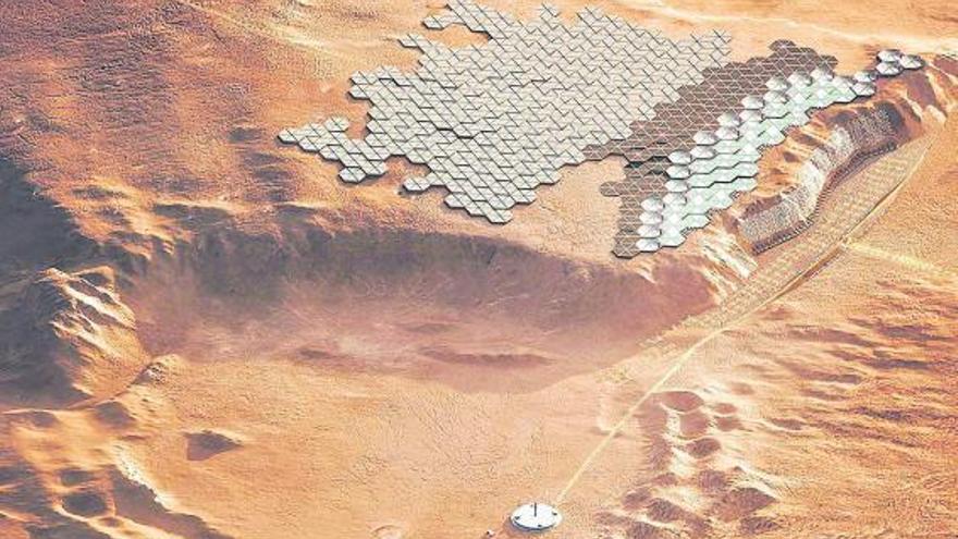 Boceto marciano con una vista aérea de Nüwa, una colonia en Marte concebida por el equipo de SONet.