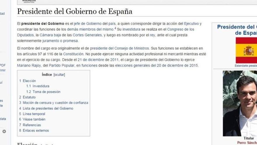 La Wikipedia &#039;invistió&#039; a Sánchez durante unos momentos.