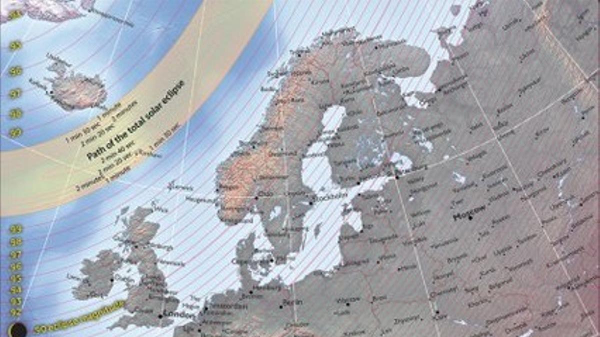 Mapa de la magnitud del eclipse solar del 20/03/2015