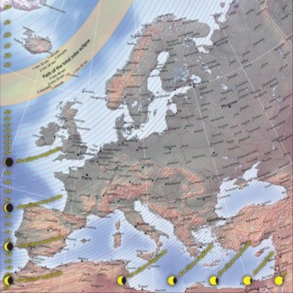 Mapa de la magnitud de l’eclipsi solar del 20/03/2015.