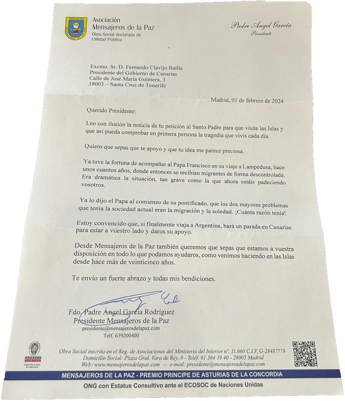 Carta del Padre Ángel García a Fernando Clavijo.