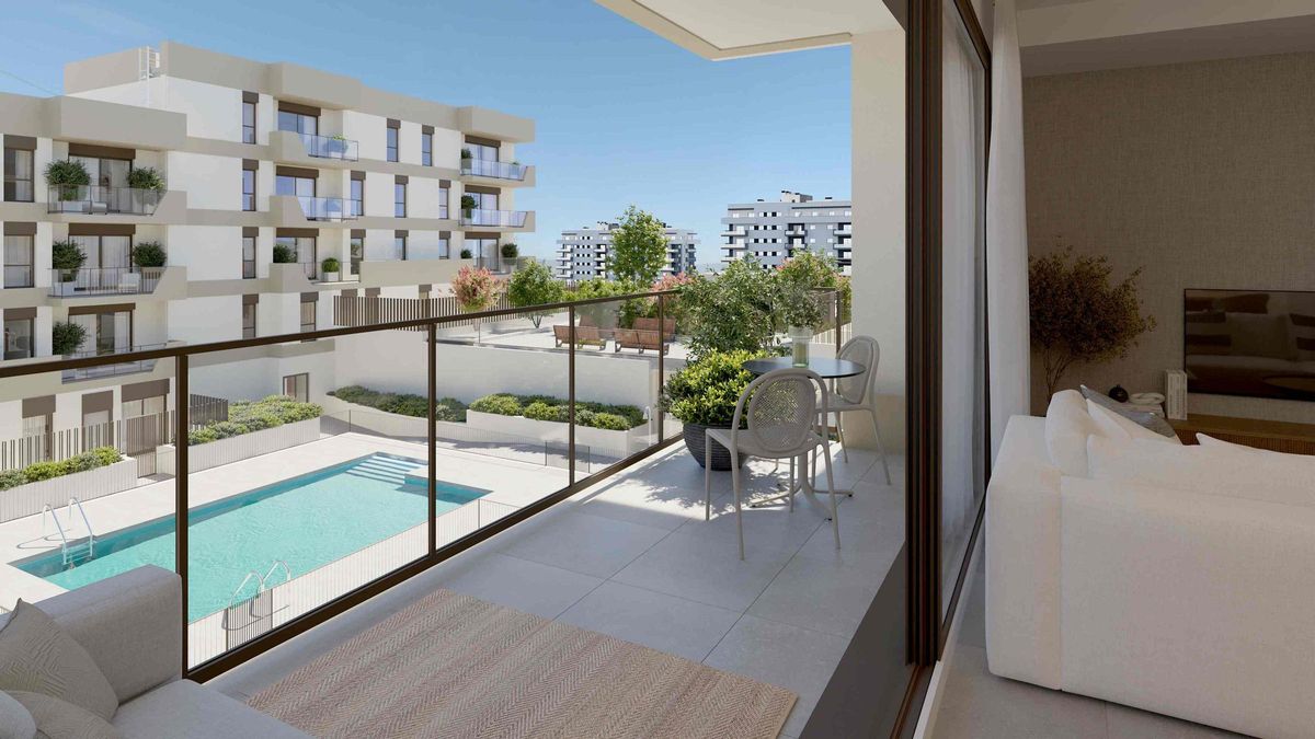 Terraza de las futuras viviendas de la promoción Zeta Place de AEDAS Homes en Distrito Zeta, Málaga.