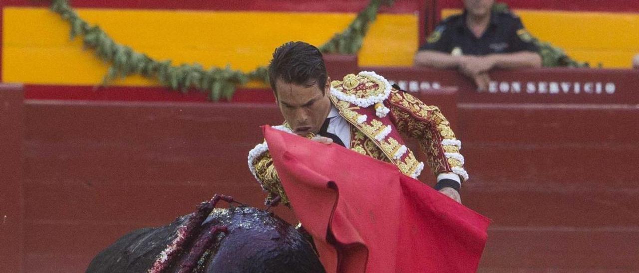 José María Manzanares en plena faena y, abajo, los toros que se lidian este domingo.