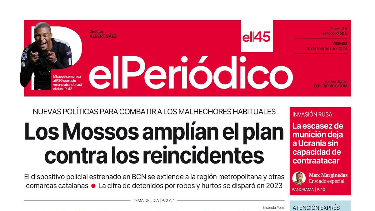 La portada de EL PERIÓDICO del 16 de febrero de 2024 El Periódico