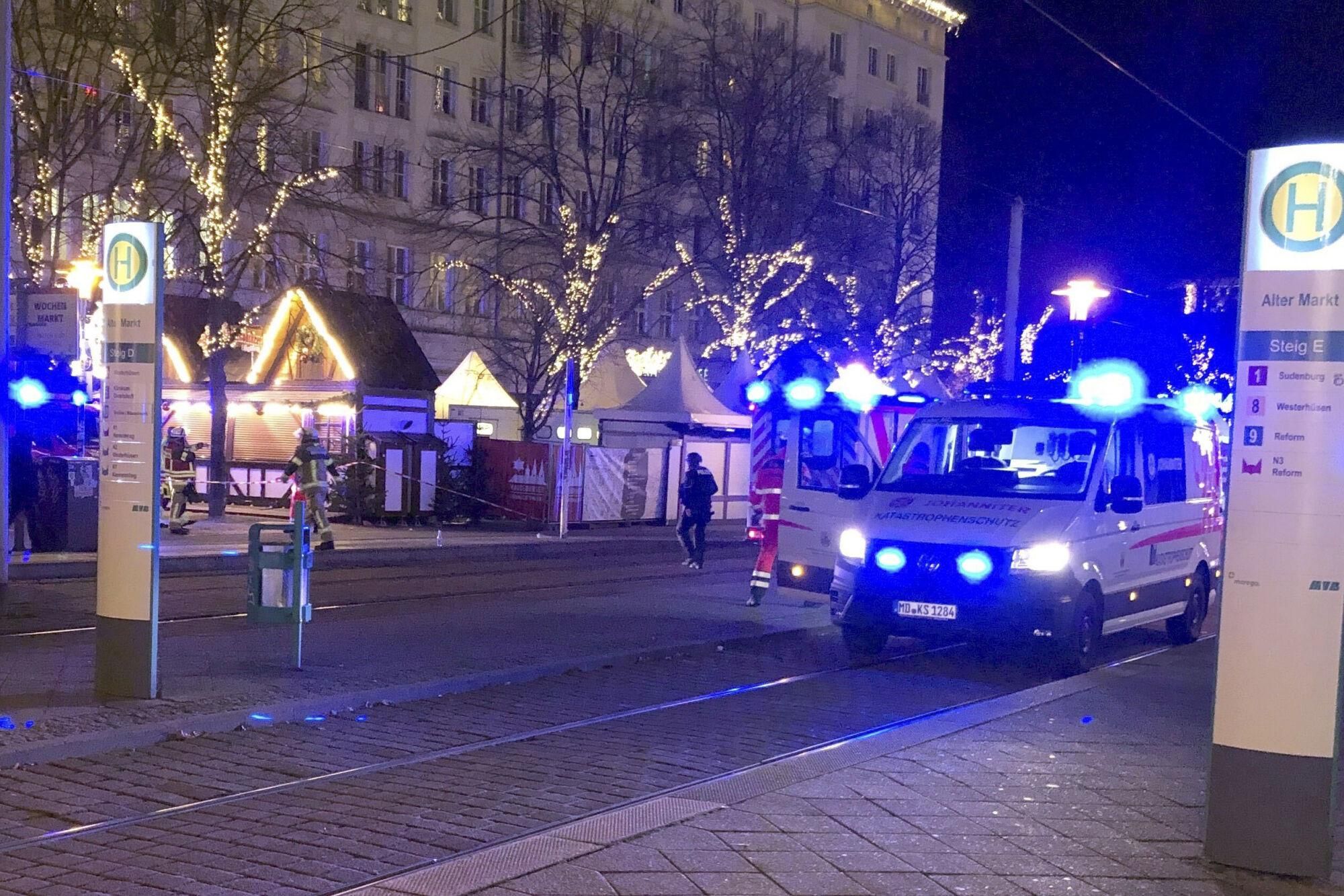 Emergency services attend an incident at the Christmas market in Magdeburg, Germany, Friday Dec. 20, 2024. (Dörthe Hein/dpa via AP). GERMANY OUT; MANDATORY CREDIT