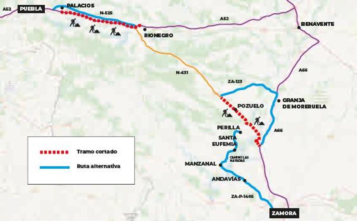 Tramos cortados en la N-631 y en la A-52, y los itinerarios alternativos. | La Opinión de Zamora