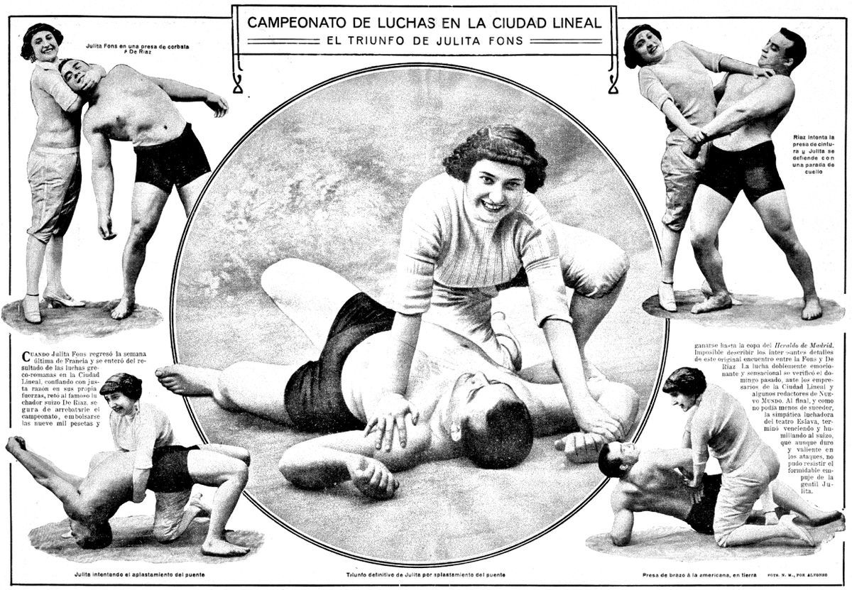 La cantante de zarzuela Julita Fons protagoniza un fotorreportaje sobre Lucha Grecorromana en la revista Nuevo Mundo, con motivo de los campeonatos que se celebraban en Ciudad Lineal (Madrid) en 1912. /