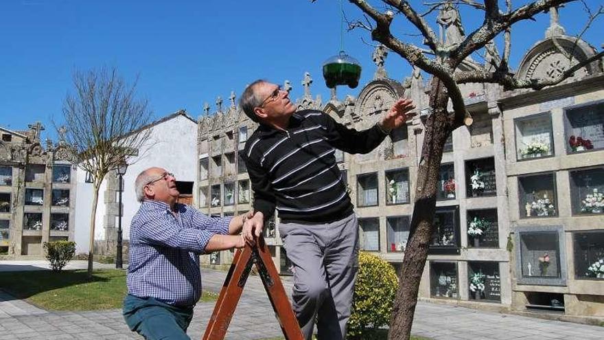 El concejal de Sanidad, Alfonso Vázquez, coloca uno de los cebos en el cementerio municipal. // FdV