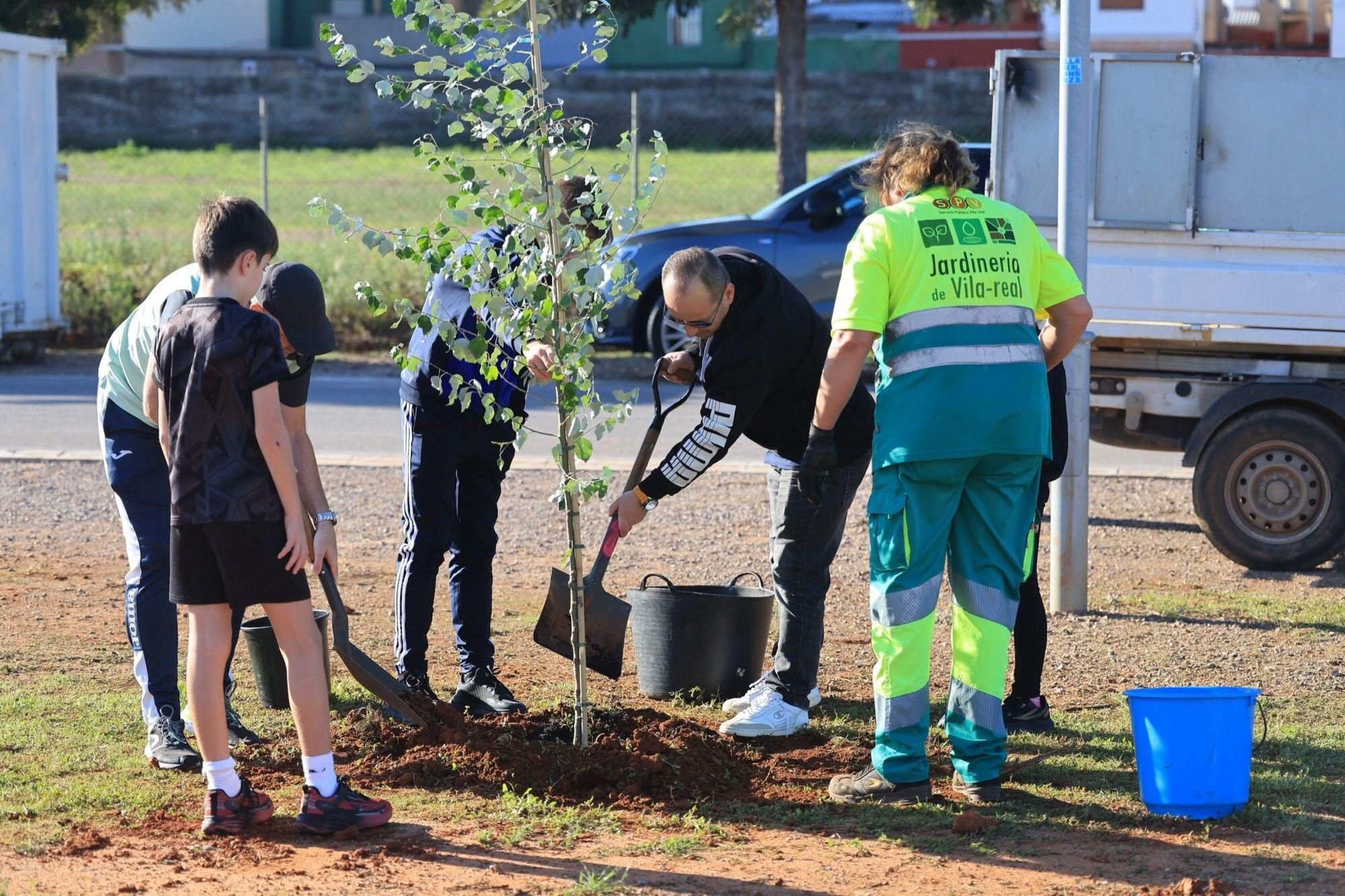  Éxito de la plantación de árboles por parte de personal y familias de Pamesa Grupo Empresarial en la Ciutat Esportiva Municipal de Vila-real que ha tenido lugar en la mañana. de este sábado La acción, que forma parte de la Responsabilidad Social Corporativa del grupo, está incluida en la programación del 20.º Mes de la Sostenibilidad de la Concejalía de Medio Ambiente.