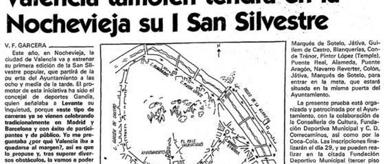 Así se anunciaba en Levante-EMV la primera edición de la San Silvestre en 1984.