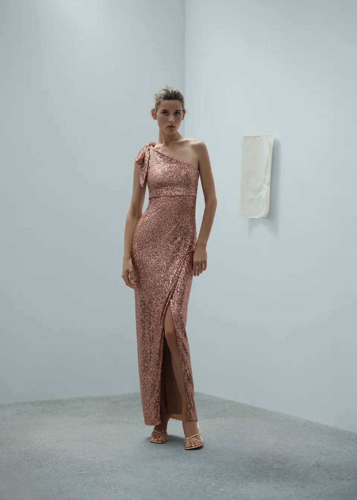 Vestido con tejido de lentejuelas, diseño asimétrico, tirante ancho y lazo decorativo