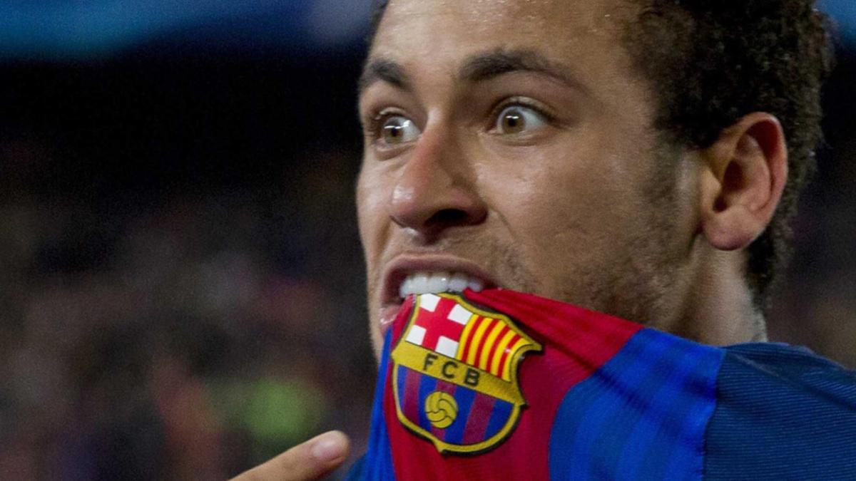 Neymar celebra uno de sus dos goles en el Barça-PSG de la Champions 2016/17 disputada en el Camp Nou