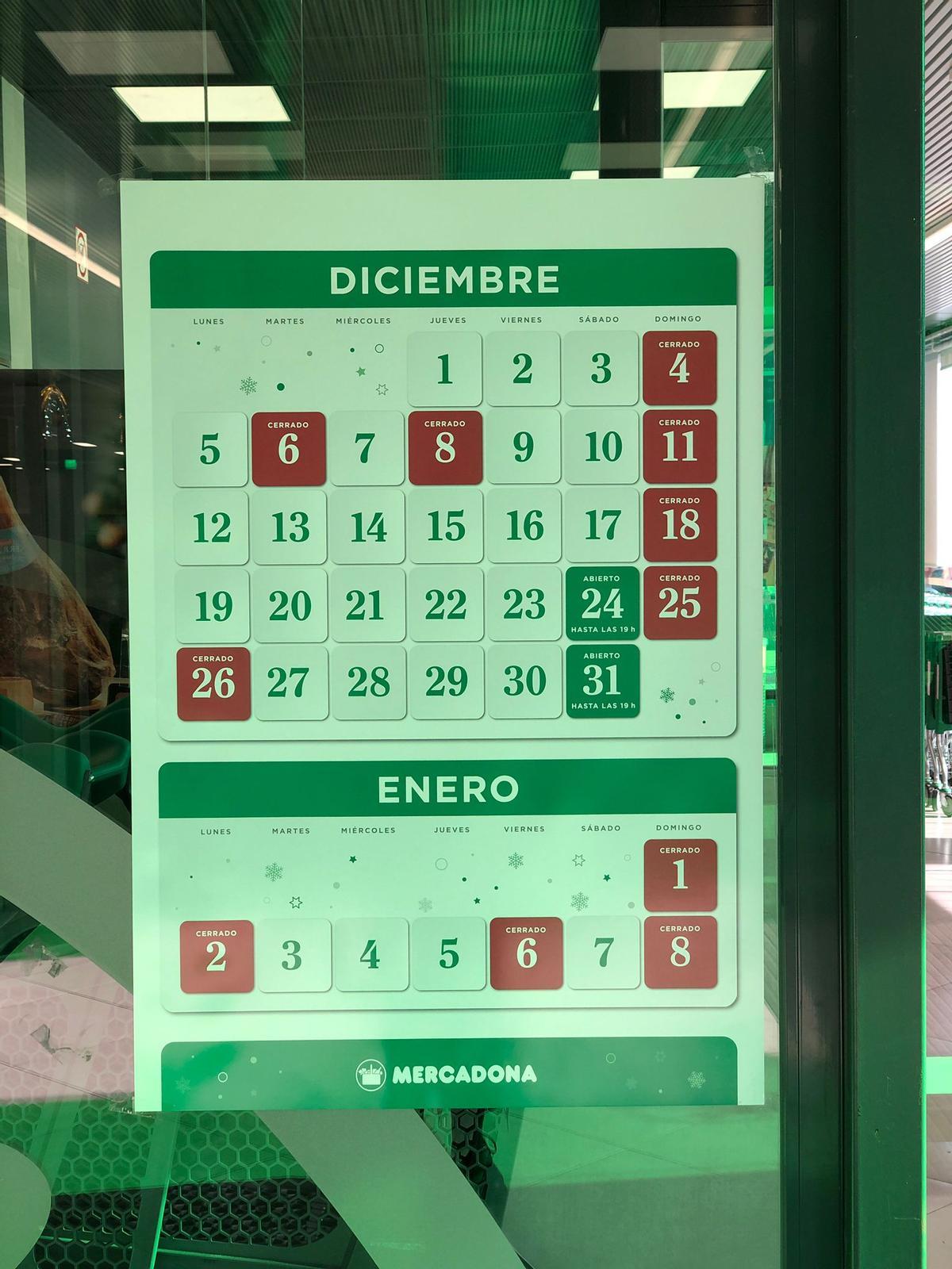 Horario Mercadona - Diciembre 2022 / Enero 2023