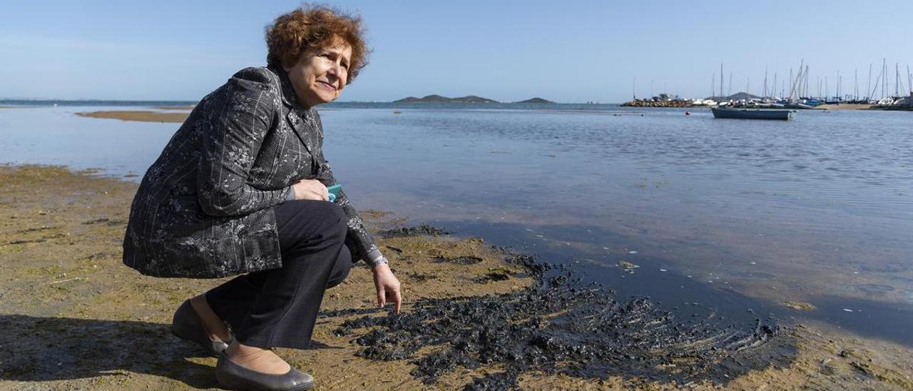 La eurodiputada y jefa de la delegación, Tatjana Zdanoka, señala los fangos del Mar Menor.