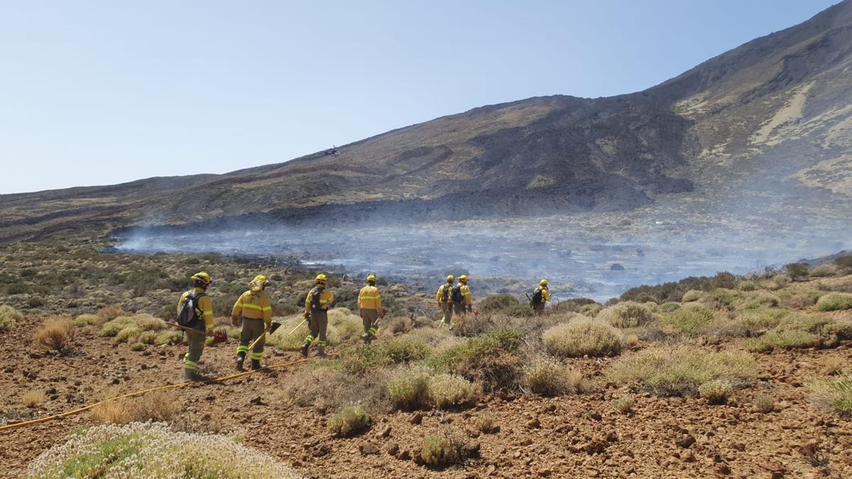 Efectivos terrestres de Brifor en el terreno afectado por el fuego.