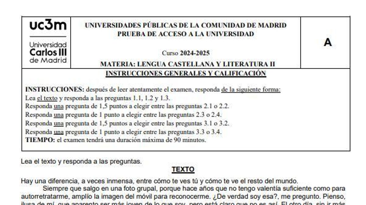 Examen de Lengua Castellana y Literatura de la PAU extraordinaria de Madrid