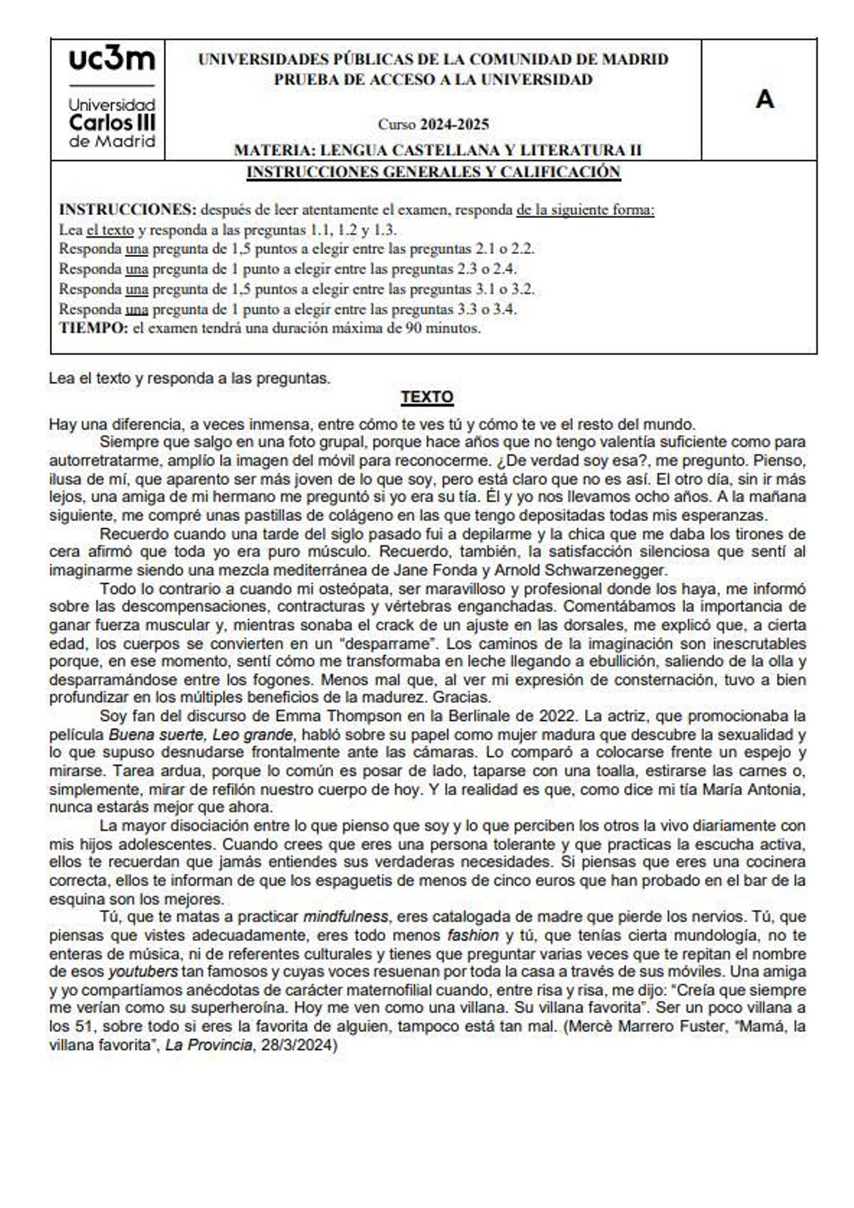 Examen de Lengua Castellana y Literatura de la PAU extraordinaria de Madrid