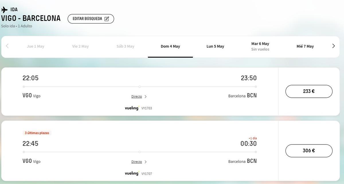 Captura de los precios para los dos vuelos programados por Vueling a última hora del domingo 4 de mayo