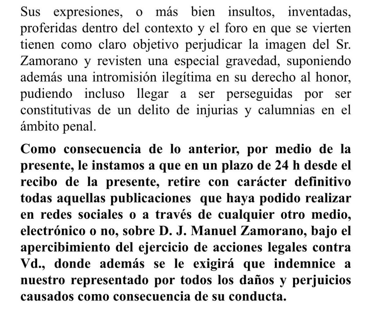 Extracto del burofax que los abogados de Zamorano enviaron a los implicados.