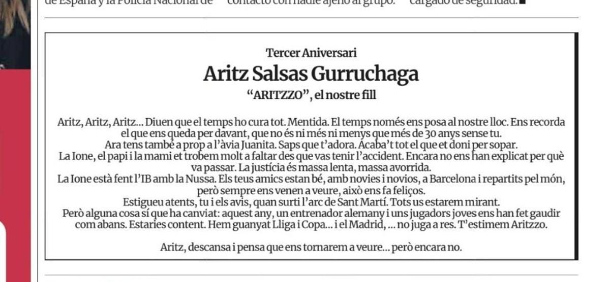L'esquela del tercer aniversari