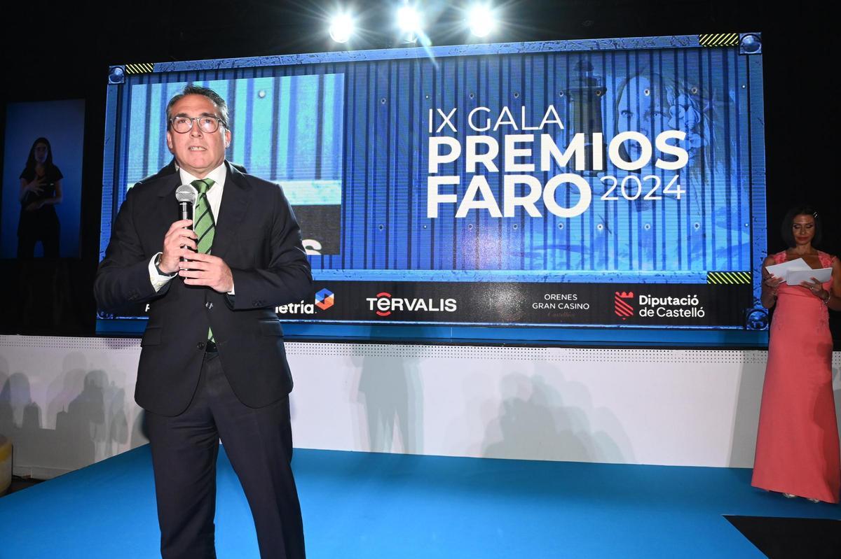 El presidente de PortCastelló, durante su intervención en la gala de entrega de los Premios Faro 2024