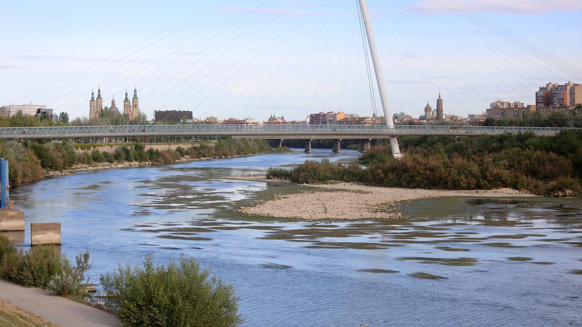 El bajo caudal del Ebro aflora una isleta bajo la pasarela del Voluntariado.