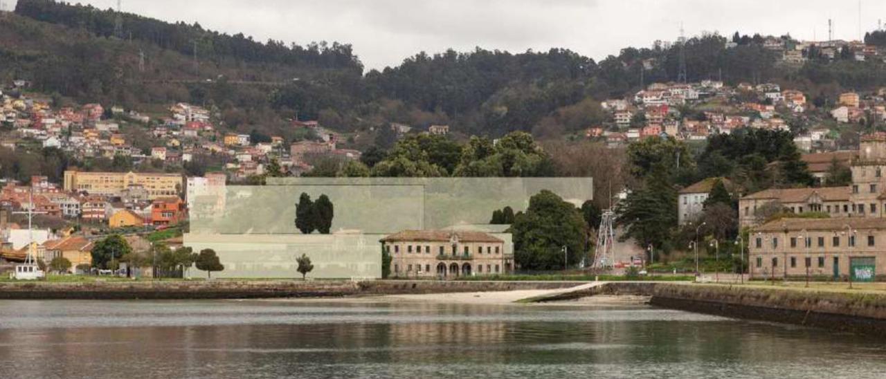 Vista del futuro complejo del CSIC desde elespigón en la que se simulan los futuros volúmenes en torno al Edificio Kelvin y la vegetación a conservar.  / CSIC