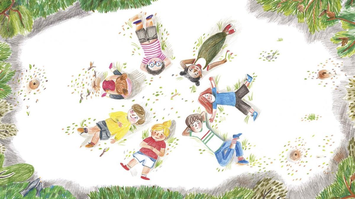 El treball de l’artista castellonenca amb Akiara Books presenta un grup de nens jugant lliurement a la natura.