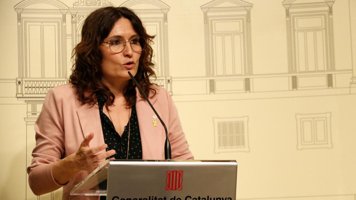 La consellera de la Presidència, Laura Vilagrà, en roda de premsa des del Palau de la Generalitat